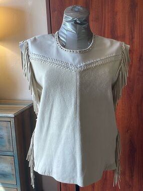 IRO Lamb Leather Cream Fringe-Trim Tank Top with Studded Neckline